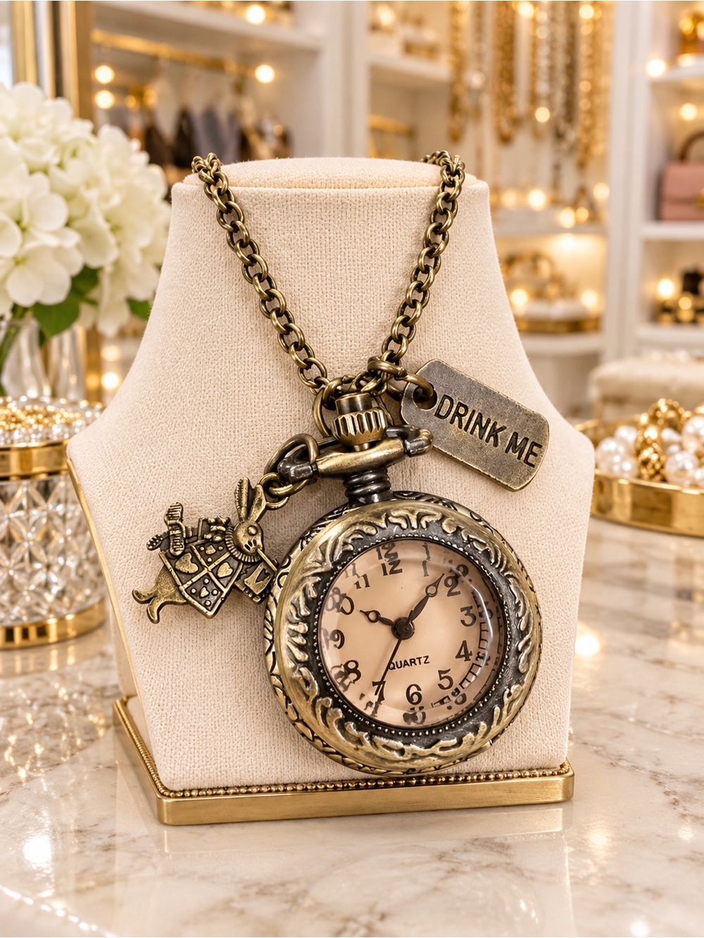 Vintage Style Alice In Wonderland Bronze Pocket Watch Locket Long Necklace